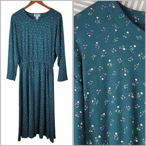 Vintage Shirt Dress Large Petite Floral Green Cinch Waist  Long maxi Modest